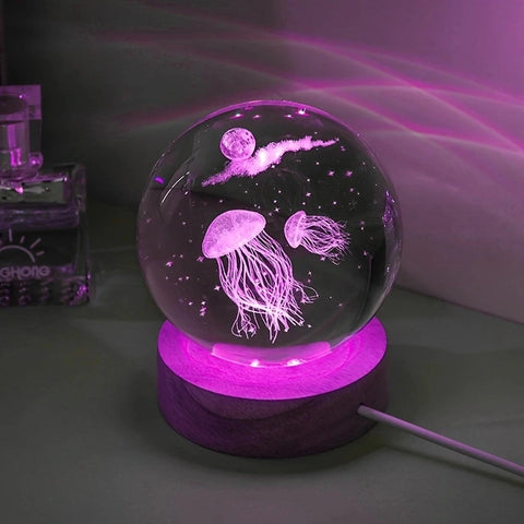 3D Jellyfish Laser engraved crystal ball LED night light