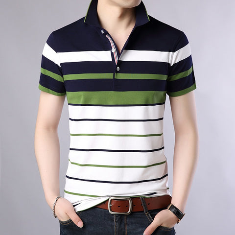 Men Classic Striped Polo Shirt Cotton
