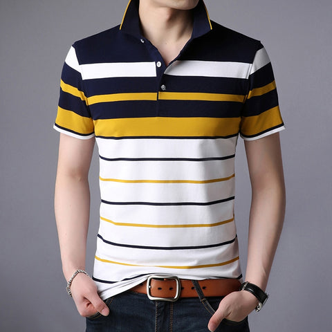 Men Classic Striped Polo Shirt Cotton