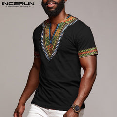 Fashion Men Dashiki T Shirt V Neck Print Tops African