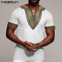 Fashion Men Dashiki T Shirt V Neck Print Tops African