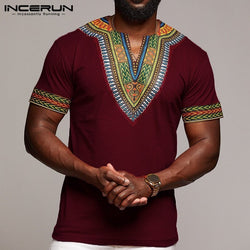 Fashion Men Dashiki T Shirt V Neck Print Tops African