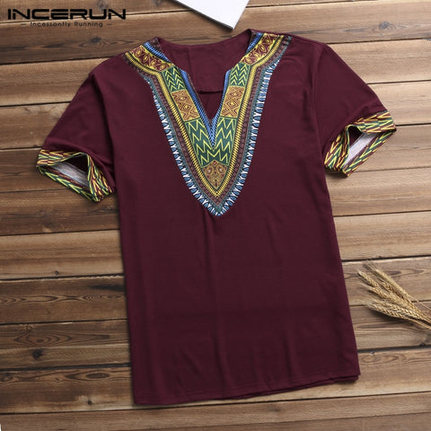 Fashion Men Dashiki T Shirt V Neck Print Tops African