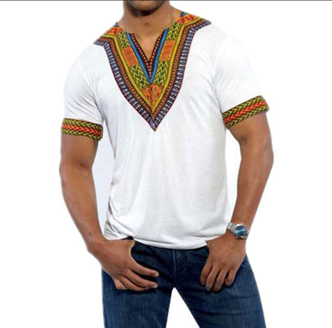 White Slim Fit Short Sleeve African Dress T Shirt Men