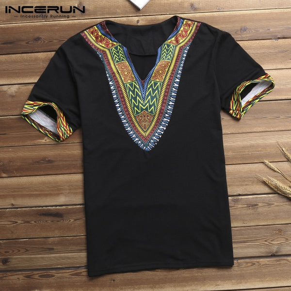 Fashion Men Dashiki T Shirt V Neck Print Tops African