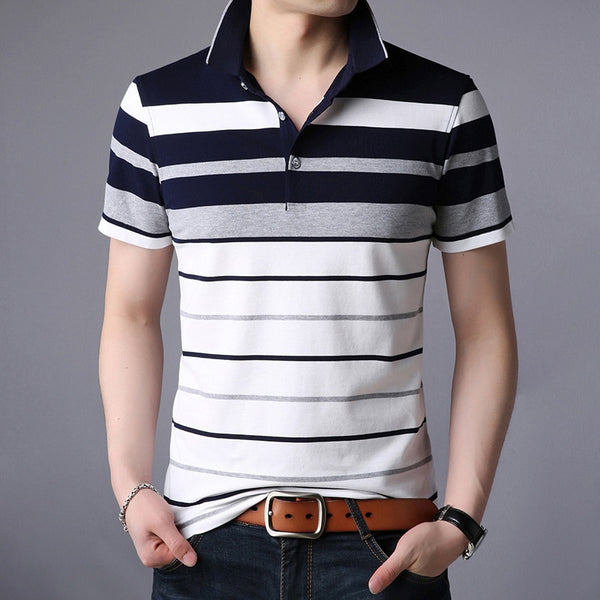 Men Classic Striped Polo Shirt Cotton