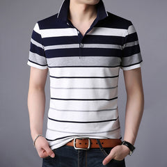 Men Classic Striped Polo Shirt Cotton