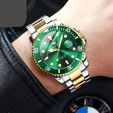 Men Quartz Watch Green Waterproof Watch for Men Stainless Steel.