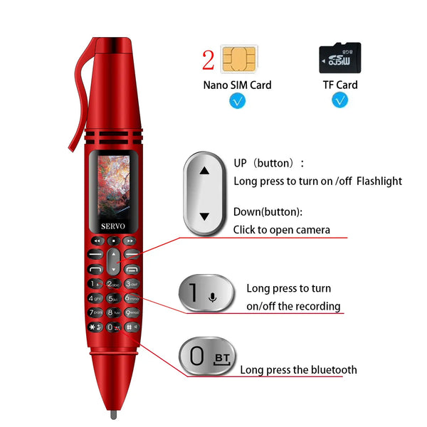 Pen Mobile Phone Dual SIM Mini Telephone Call Recording Bluetooth